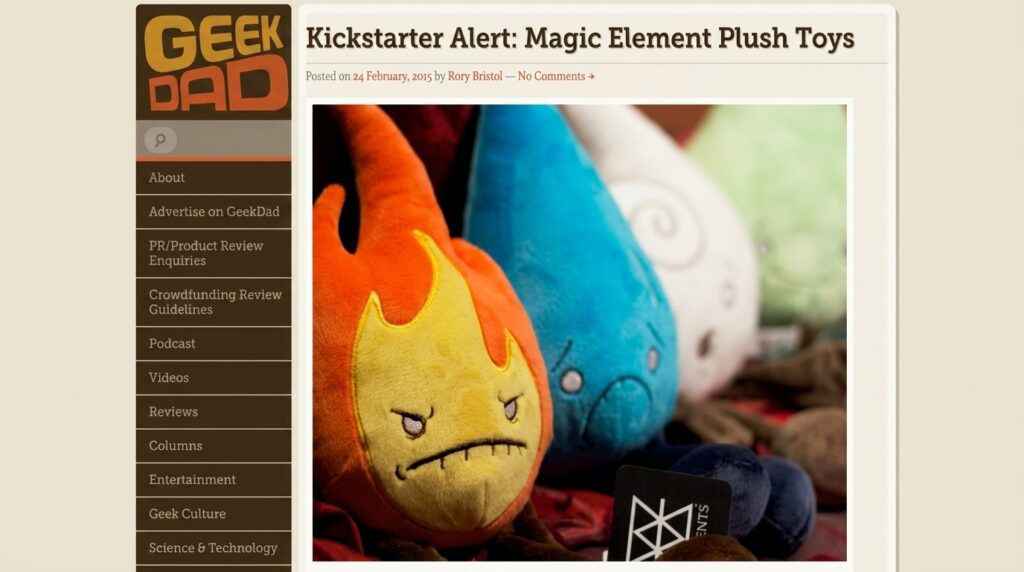 A screenshot of a GeekDad blog post titled "Kickstarter Alert: Magic Element Plush Toys" featuring a close-up photo of the Fire and Water elements.