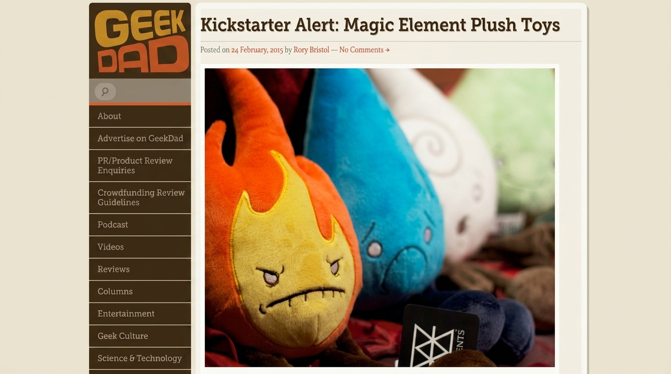 A screenshot of a GeekDad blog post titled "Kickstarter Alert: Magic Element Plush Toys" featuring a close-up photo of the Fire and Water elements.