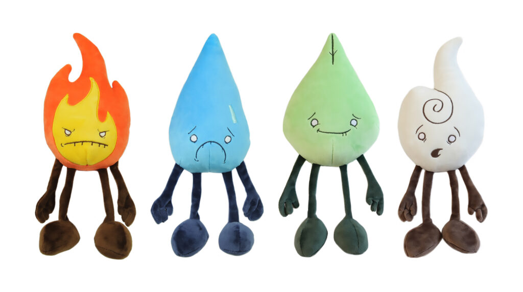 A lineup of the four Raven Stitch Plush Elements including Fire, Water, Earth, and Air.