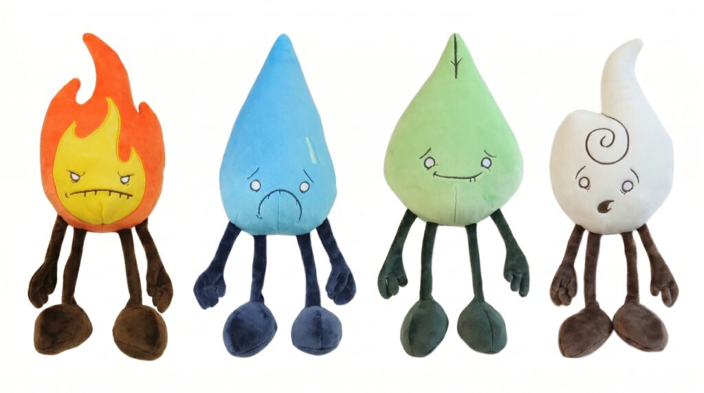 The four original pre-production prototypes of the Raven Stitch Plush Elements (Fire, Water, Earth, and Air) standing side-by-side against a plain white background, revealing their completed designs for the Kickstarter launch.