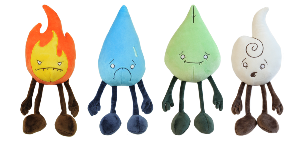 A lineup of the four Raven Stitch Plush Elements including Fire, Water, Earth, and Air.