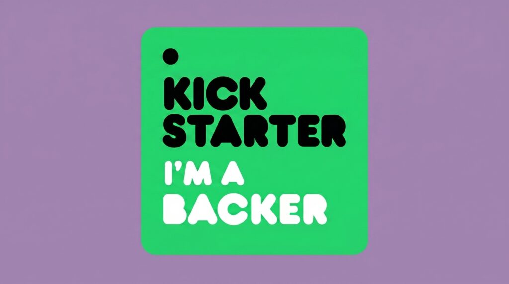 A green Kickstarter "I'm a Backer" tag design on a purple background, featuring a QR code for exclusive digital rewards.