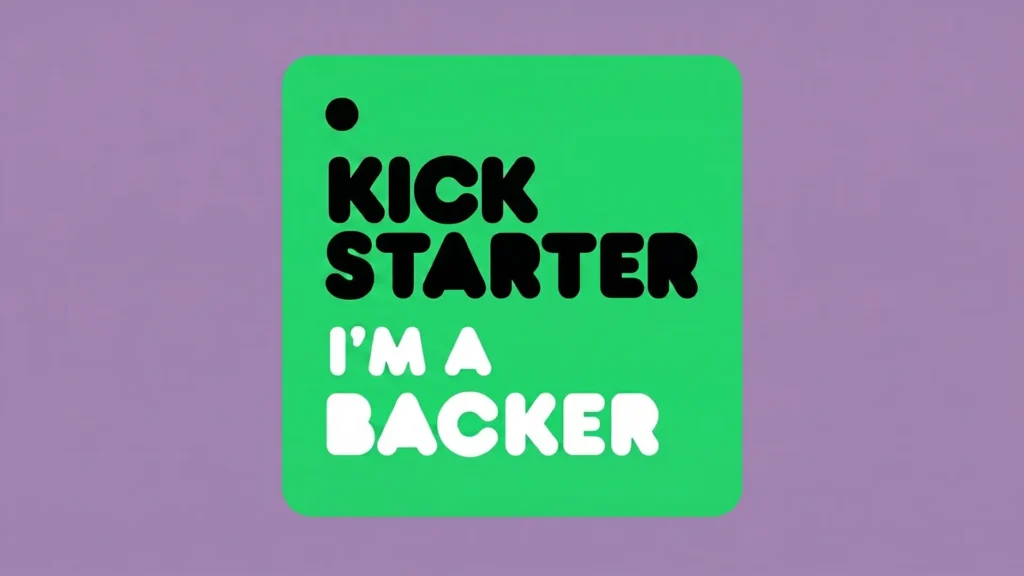 A green Kickstarter "I'm a Backer" tag design on a purple background, featuring a QR code for exclusive digital rewards.