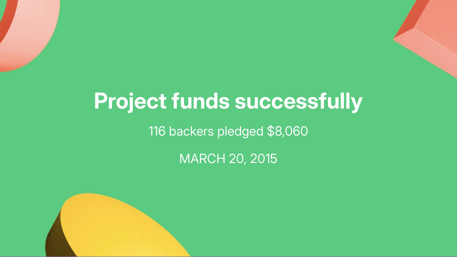 Screen capture of the successful Kickstarter funding milestone for the Plush Elements campaign on March 20, 2015.