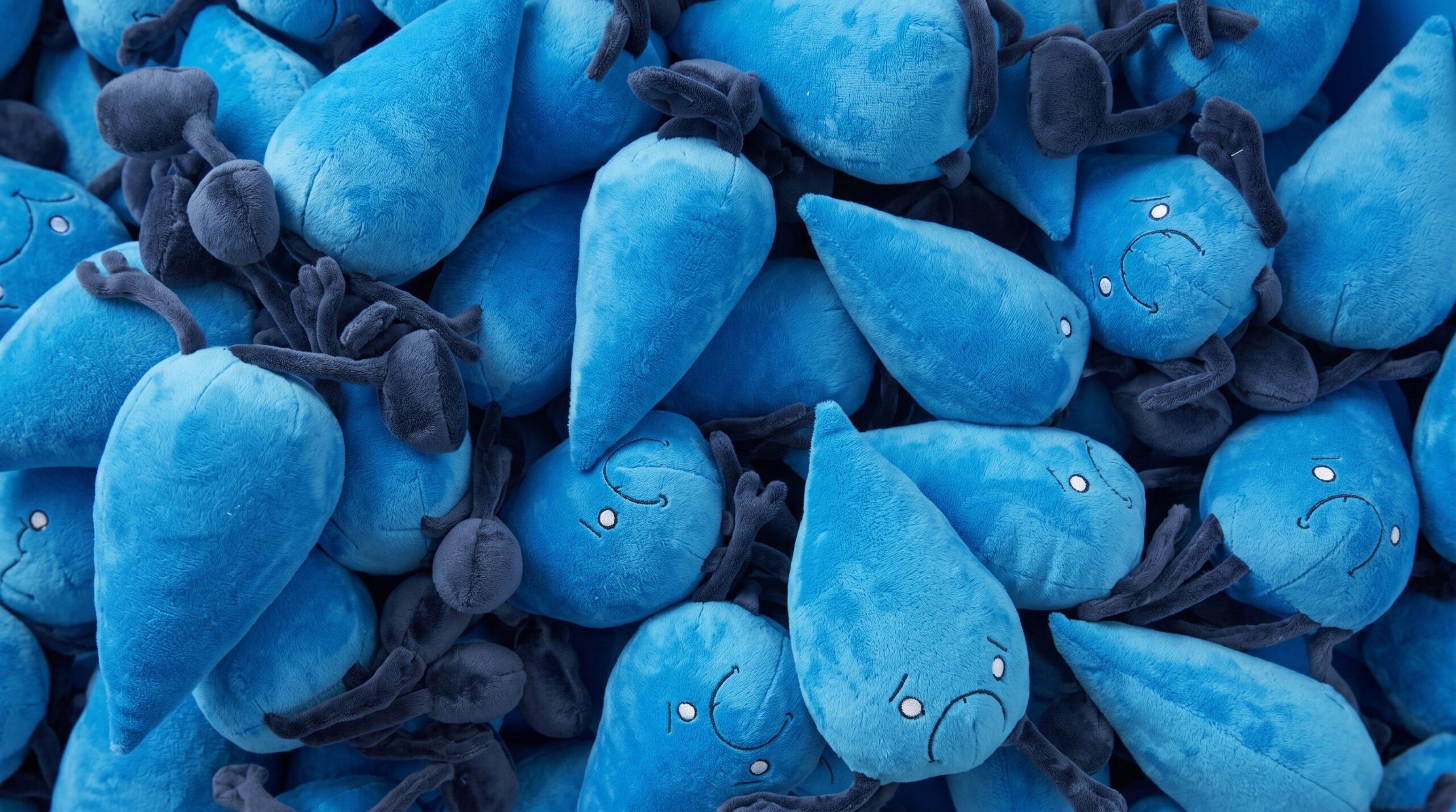 A dense pile of blue Water Element plush toys with sad, nervous expressions and dark blue limbs, shown during the final stages of production.