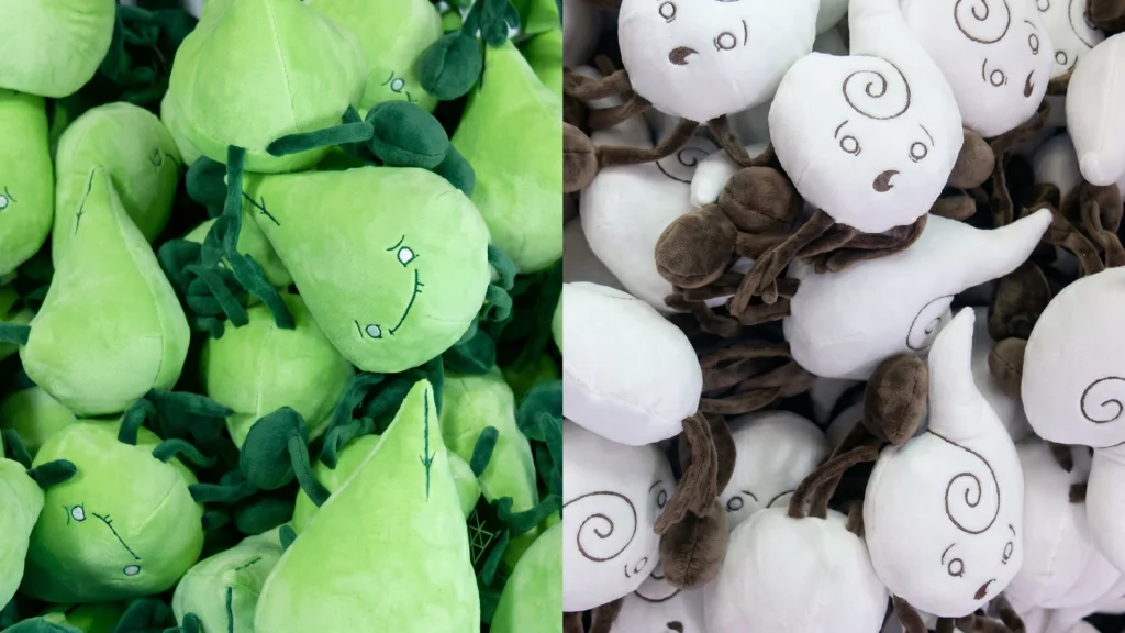 Side-by-side factory views showcasing piles of green Earth spirits and white Air spirits during the Air and Earth plush toy production phase.