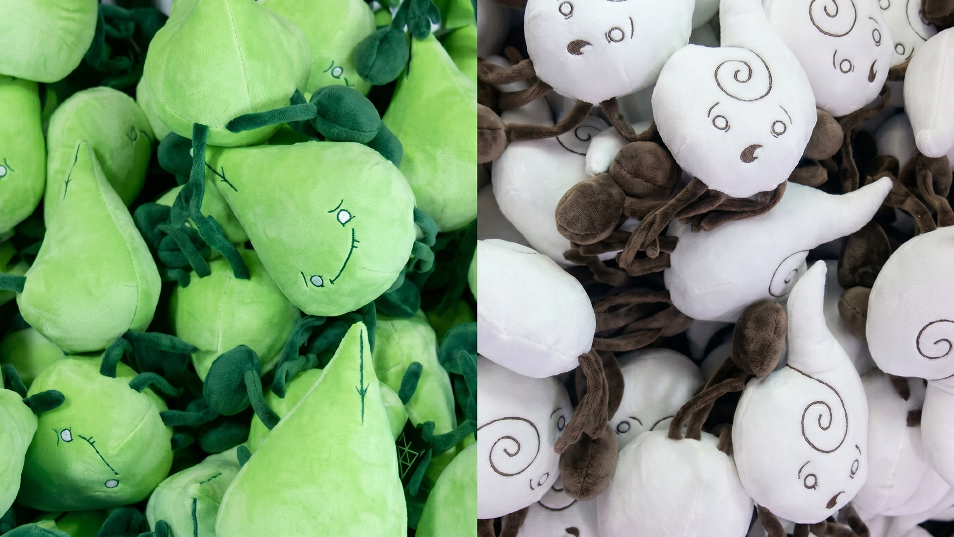 Side-by-side factory views showcasing piles of green Earth spirits and white Air spirits during the Air and Earth plush toy production phase.