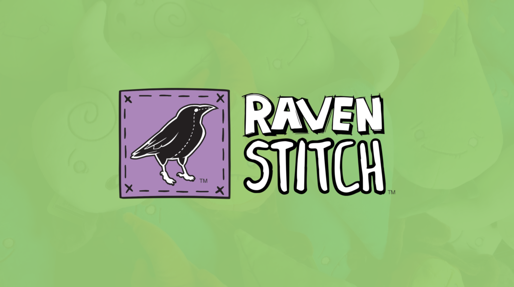 The official Raven Stitch logo featuring a black raven illustration inside a stitched purple square next to bold "Raven Stitch" typography, set against a faded green background of elemental plushies.