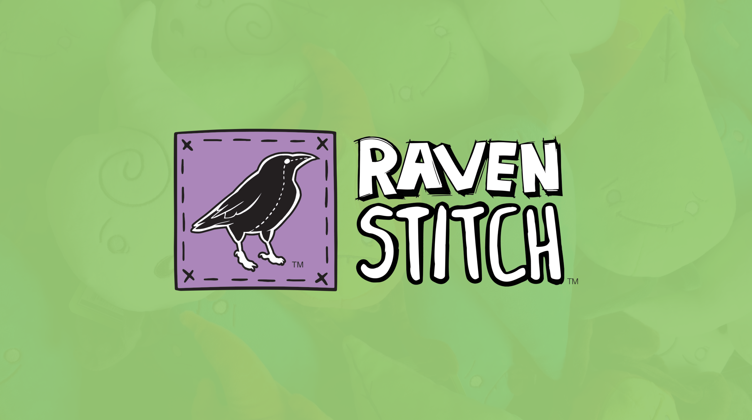The official Raven Stitch logo featuring a black raven illustration inside a stitched purple square next to bold "Raven Stitch" typography, set against a faded green background of elemental plushies.