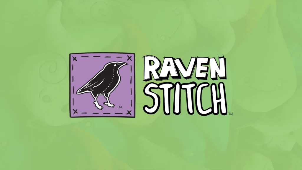 The official Raven Stitch logo featuring a black raven illustration inside a stitched purple square next to bold "Raven Stitch" typography, set against a faded green background of elemental plushies.