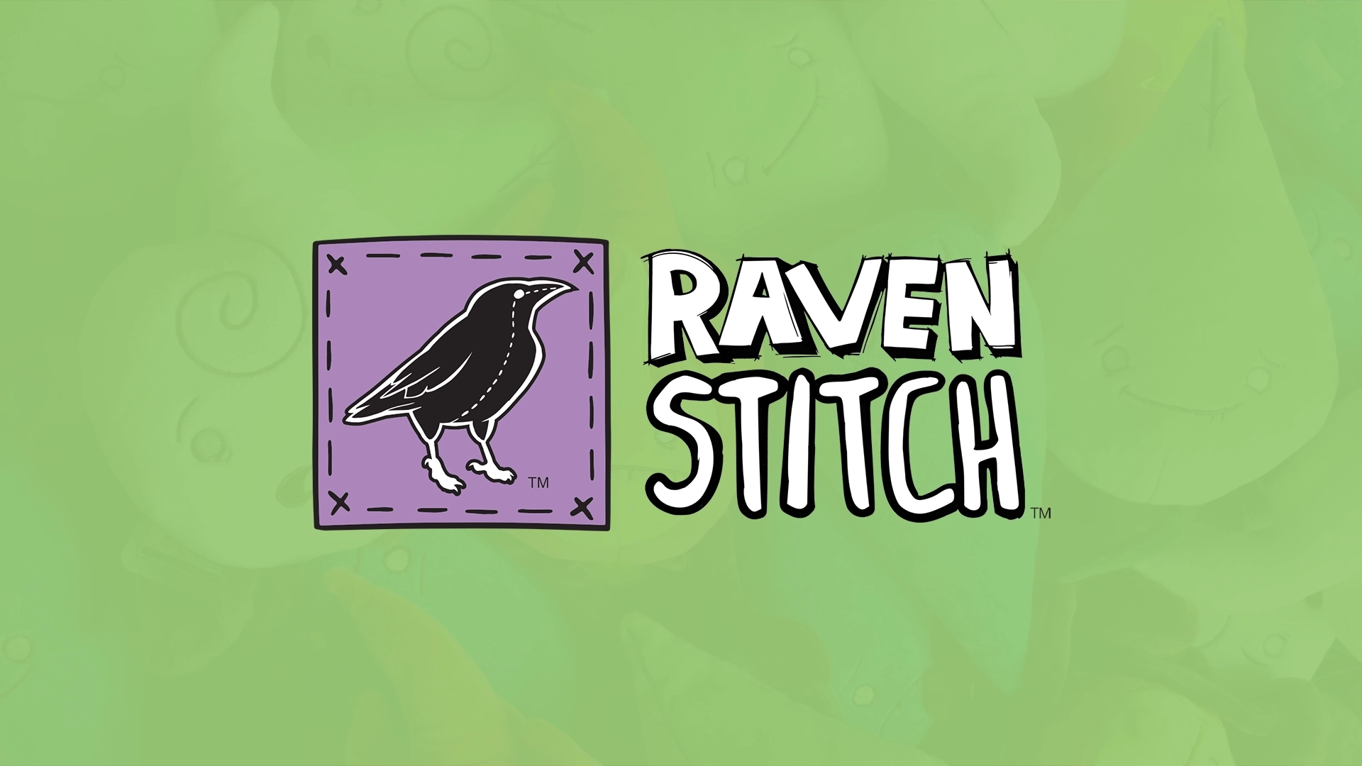 The official Raven Stitch logo featuring a black raven illustration inside a stitched purple square next to bold "Raven Stitch" typography, set against a faded green background of elemental plushies.