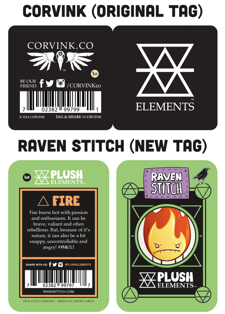 A comparison layout showing the original black and white Corvink hang tags at the top and the new colorful, character-driven Raven Stitch hang tags for the Fire Element plush at the bottom.