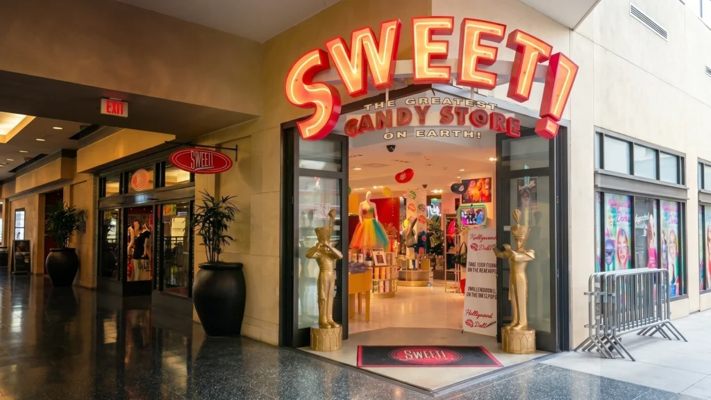 The neon storefront entrance of Sweet Candy Store on Hollywood Boulevard, home to the new retail space for elemental plushies.