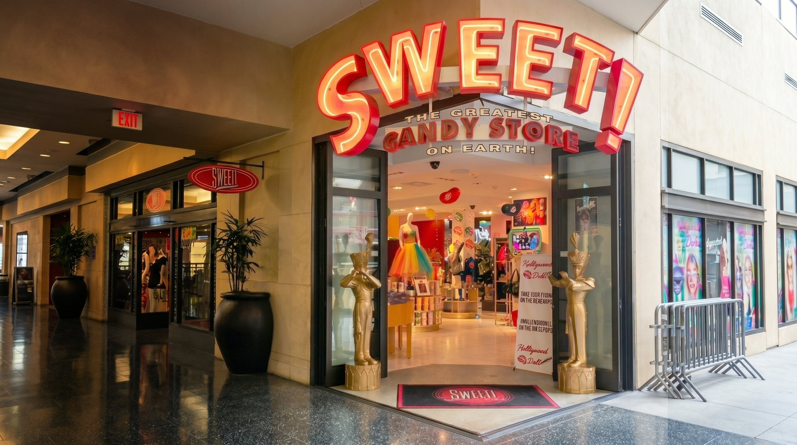 The iconic neon-lit entrance of Sweet! Hollywood in Los Angeles, now a retail partner where Raven Stitch plushies are sold.