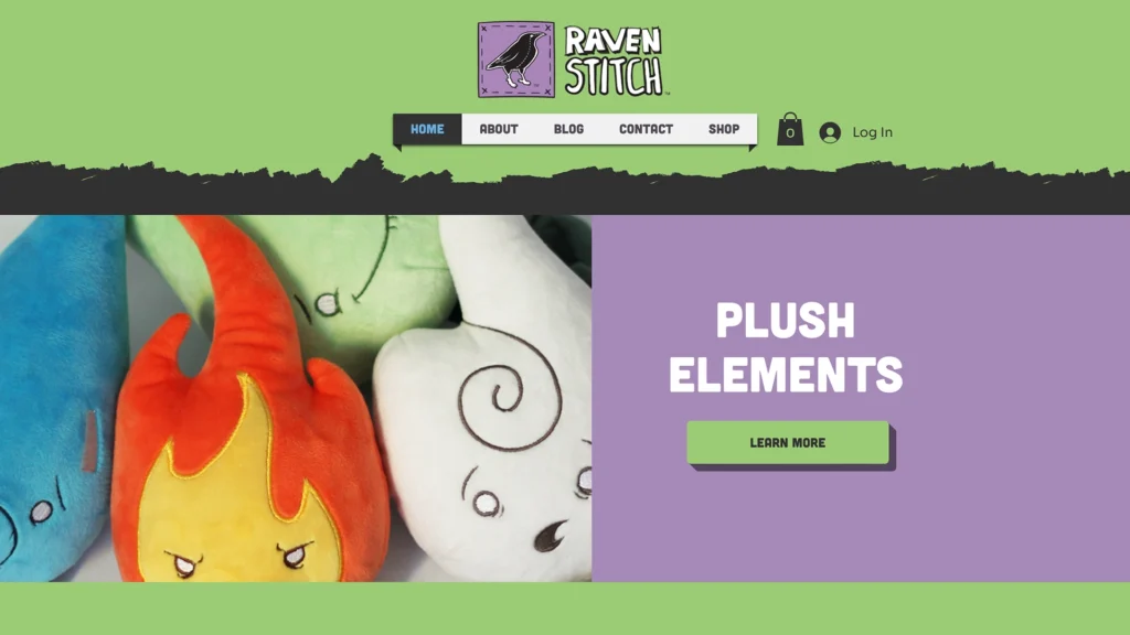 A desktop screenshot of the lime green Raven Stitch website interface showing the character banner and store navigation menu.