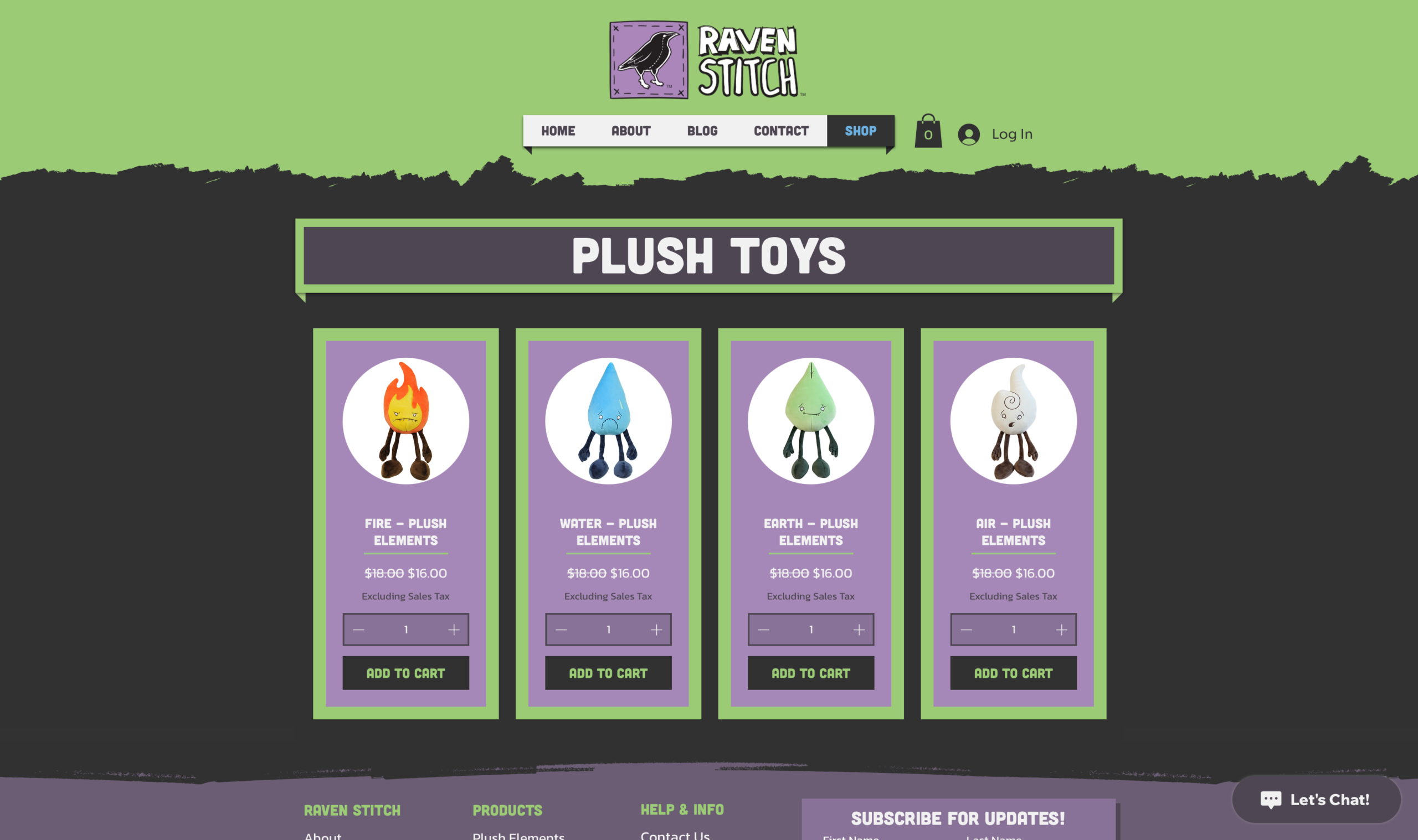 A screenshot of the Raven Stitch shop page showing the Fire, Water, Earth, and Air Plush Elements listed for sale with a design that mimics their physical hang tags.