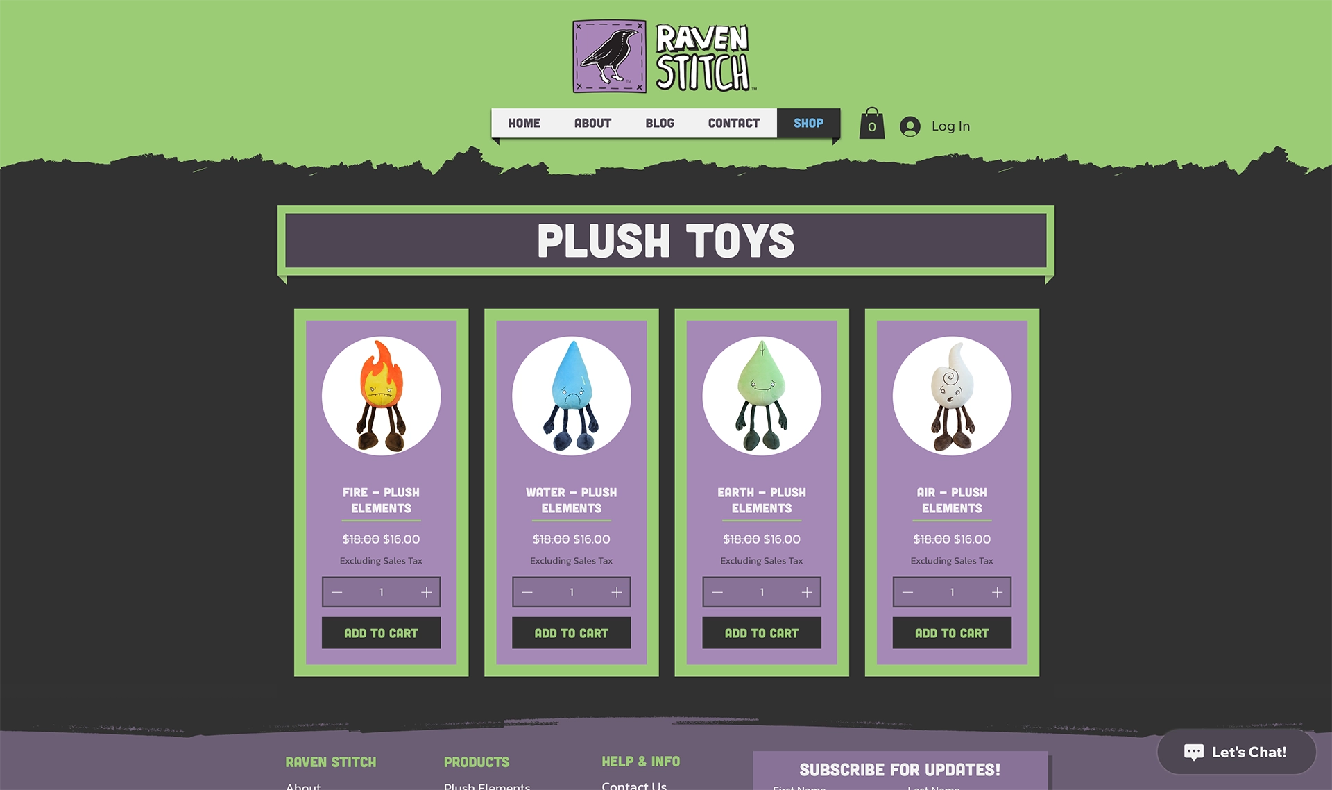 A screenshot of the Raven Stitch shop page showing the Fire, Water, Earth, and Air Plush Elements listed for sale with a design that mimics their physical hang tags.
