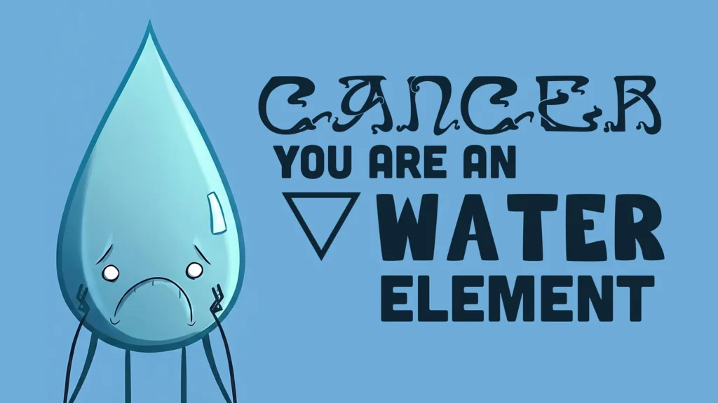 A blue raindrop character with a shy, sensitive expression representing the Water Element, with text reading "Cancer You Are A Water Element."