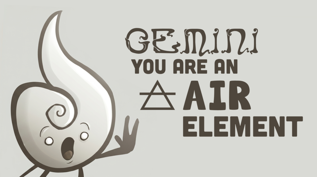 An illustrated white swirl character with a surprised expression representing the Air Element, with text reading "Gemini You Are An Air Element."