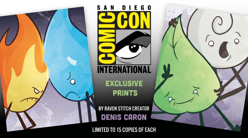 A promotional graphic for San Diego Comic-Con showing two art prints side by side. One features Fire and Water facing off, and the other shows Earth and Air drifting together.