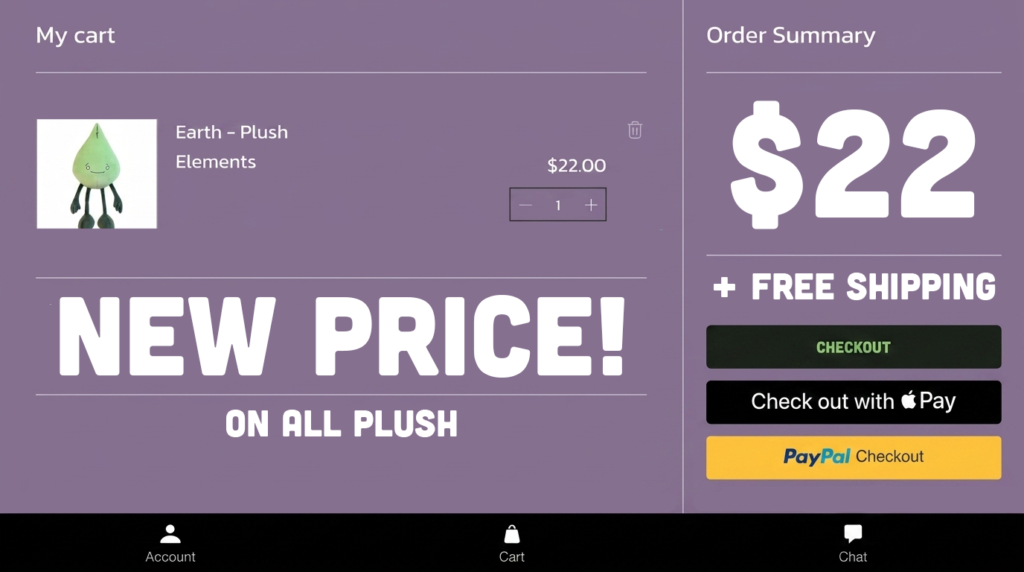 A purple digital shopping cart interface showing a single Earth plush toy priced at 22 dollars with text reading New Price On All Plush Plus Free Shipping.