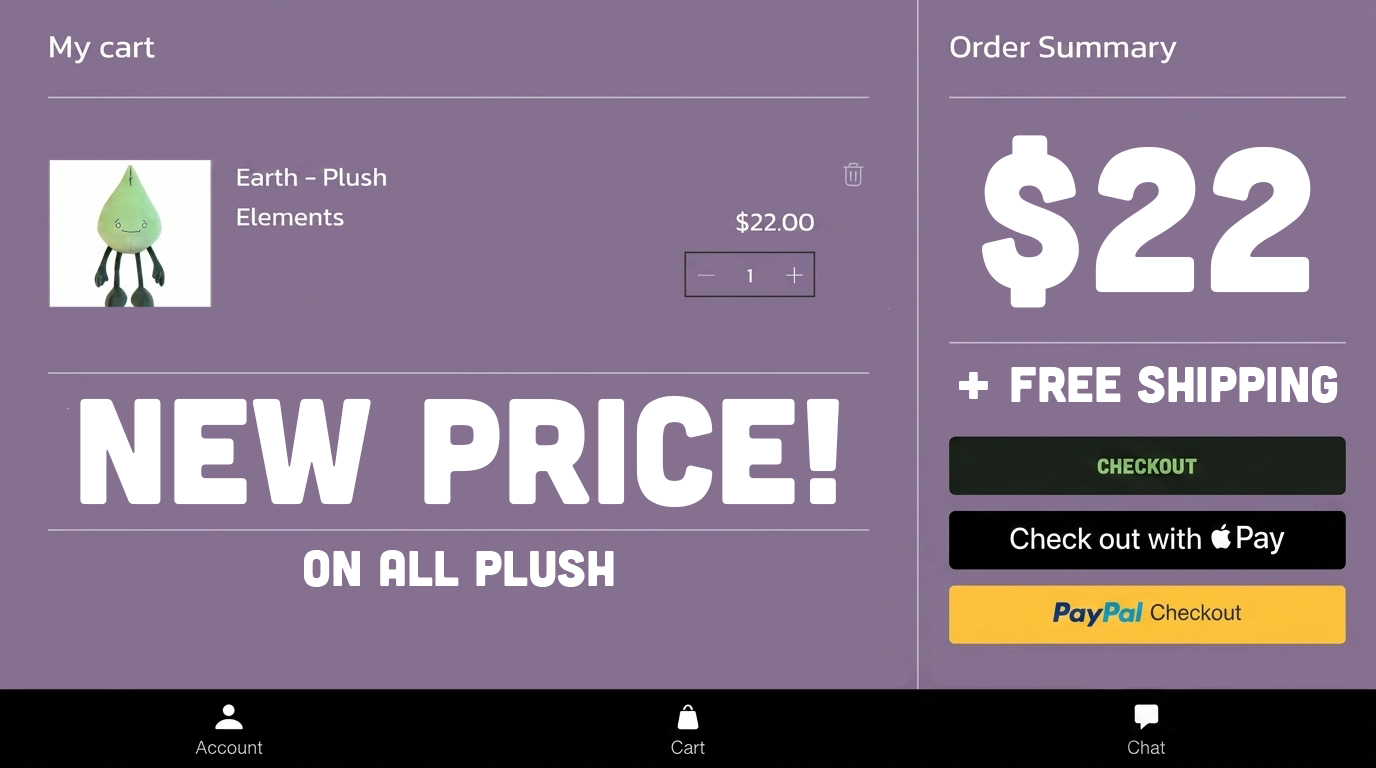 A purple digital shopping cart interface showing a single Earth plush toy priced at 22 dollars with text reading New Price On All Plush Plus Free Shipping.