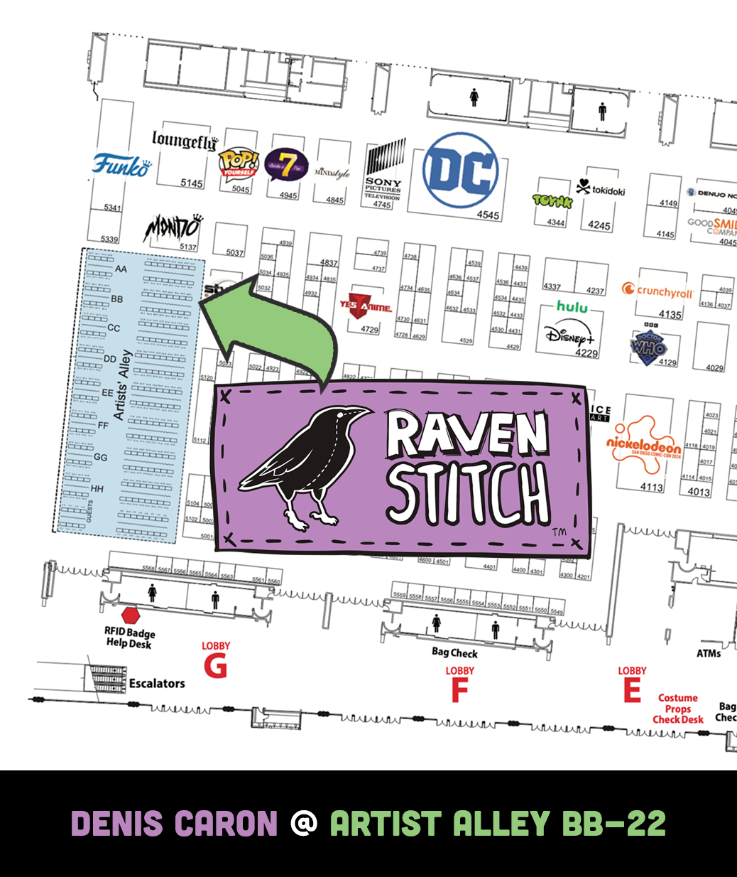 A close-up map of the San Diego Comic-Con Artist Alley highlighting Booth BB-22 with a Raven Stitch logo and a green arrow.