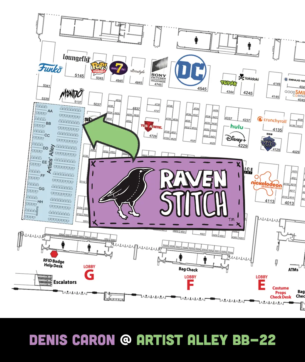 A close-up map of the San Diego Comic-Con Artist Alley highlighting Booth BB-22 with a Raven Stitch logo and a green arrow.