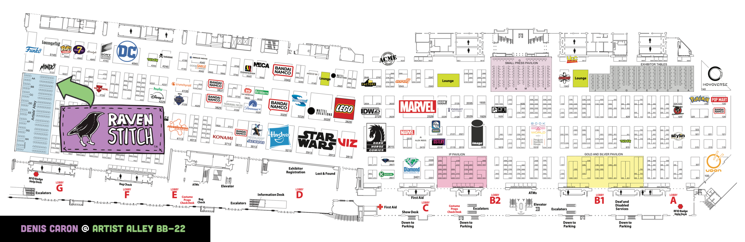 A floor map of the San Diego Comic-Con exhibit hall with a purple Raven Stitch logo and a green arrow pointing to Artist Alley Booth BB-22.
