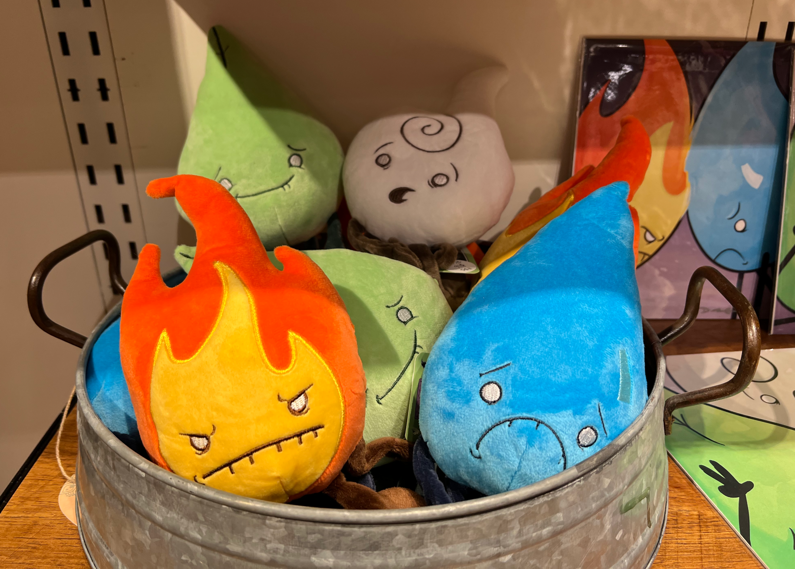 A galvanized metal tub filled with Fire, Water, Earth, and Air Plush Elements on a store shelf at the Local Market Co-Op.