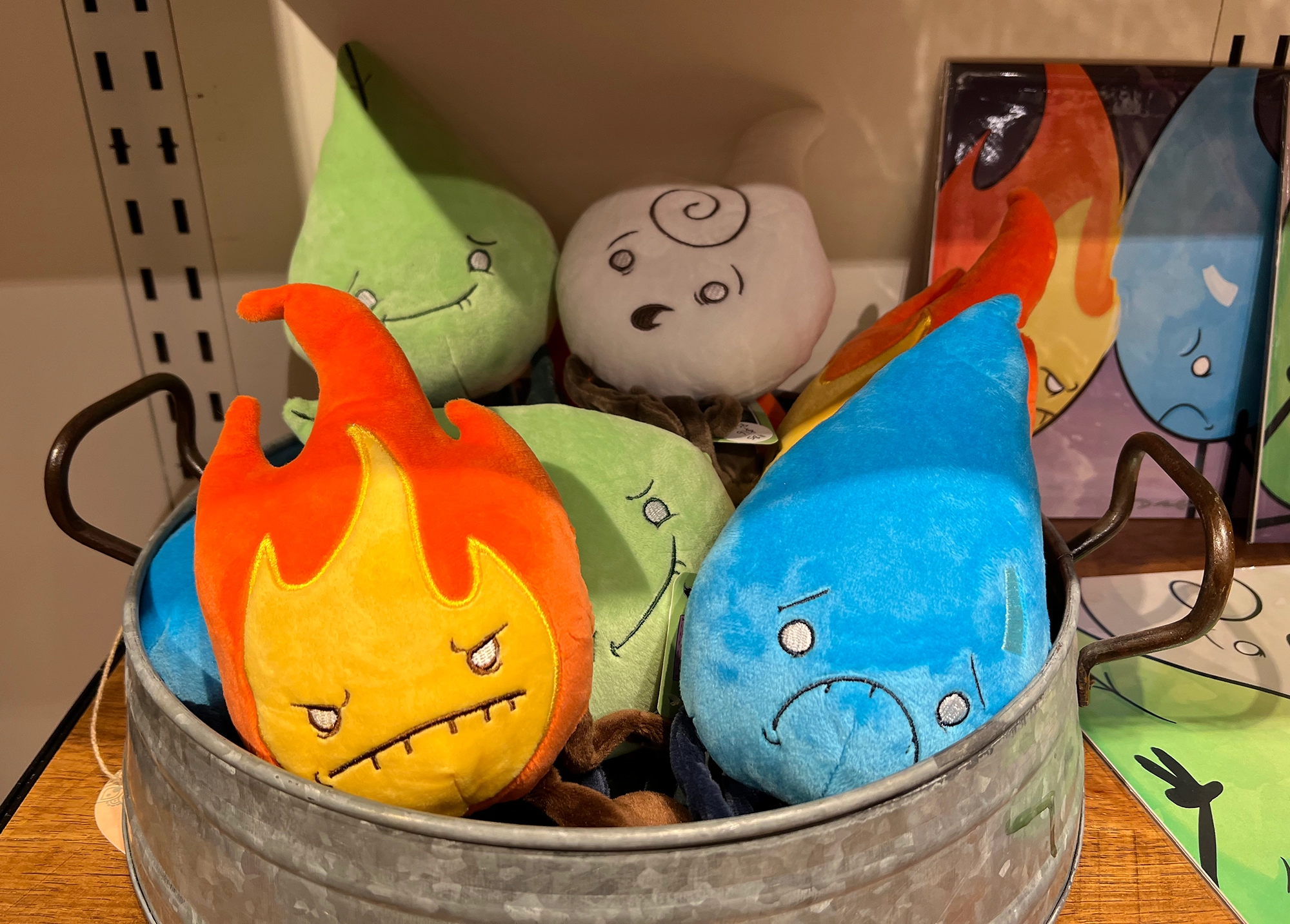 A galvanized metal tub filled with Fire, Water, Earth, and Air Plush Elements on a store shelf at the Local Market Co-Op.