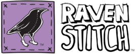 RavenStitch logo featuring a black raven silhouette inside a purple stitched fabric square, next to bold, hand-drawn style typography reading "RAVEN STITCH."