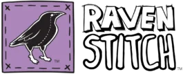 RavenStitch logo featuring a black raven silhouette inside a purple stitched fabric square, next to bold, hand-drawn style typography reading "RAVEN STITCH."