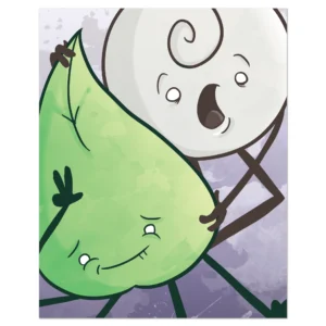 An illustration card featuring a startled white whirlwind character peeking over a smiling green leaf character against a purple textured background.