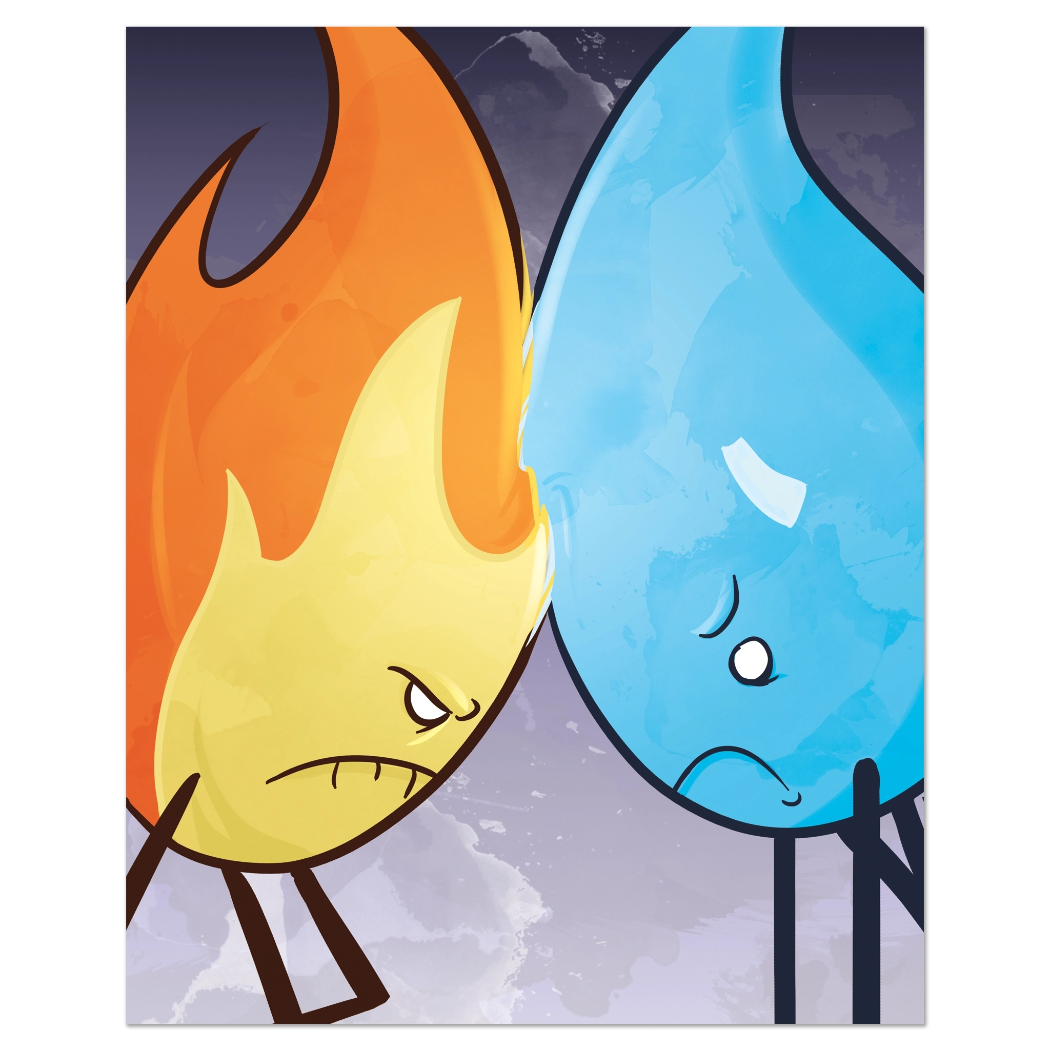 An illustration card featuring an angry orange flame character staring intensely at a frowning blue raindrop character against a dark purple textured background.