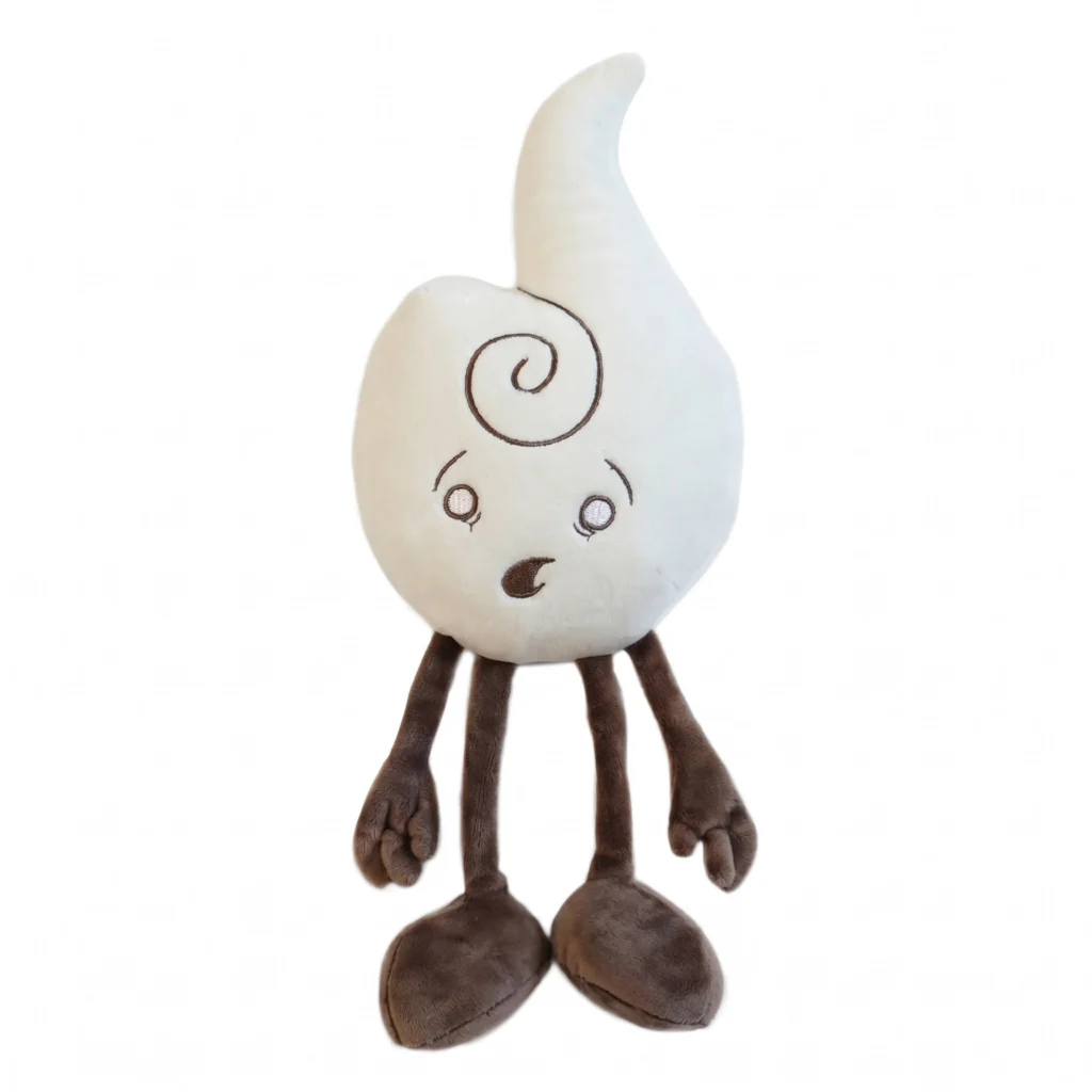 A curious white cloud-shaped Air Spirit designer toy with long dark legs and a spiral forehead detail, created by Denis Caron for the Plush Elements collection.