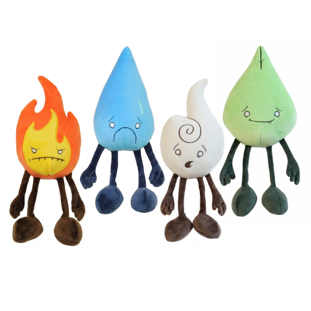 The complete set of four plush toys representing Fire, Water, Air, and Earth elements lined up together against a white background.
