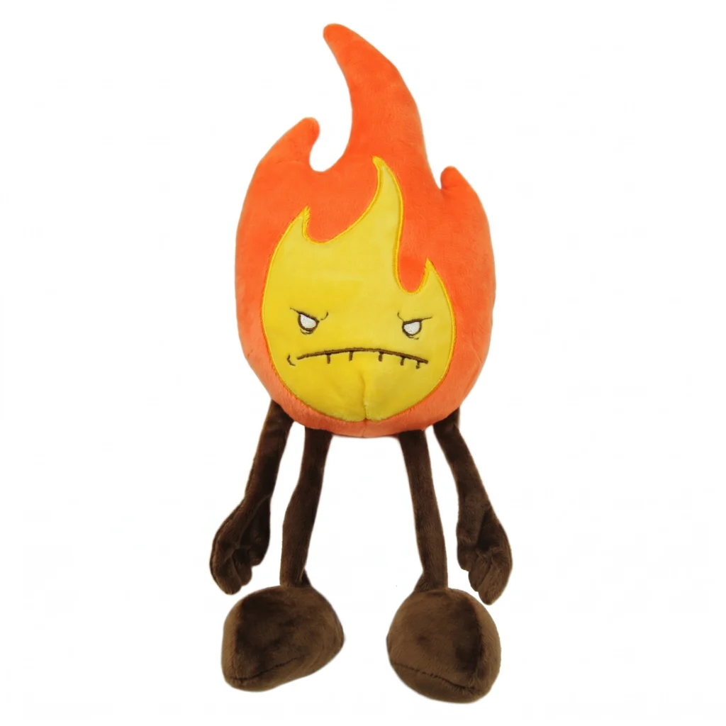 A grumpy-faced orange fire plush toy with yellow flame details and long dark legs, created by Denis Caron for the Plush Elements collection.