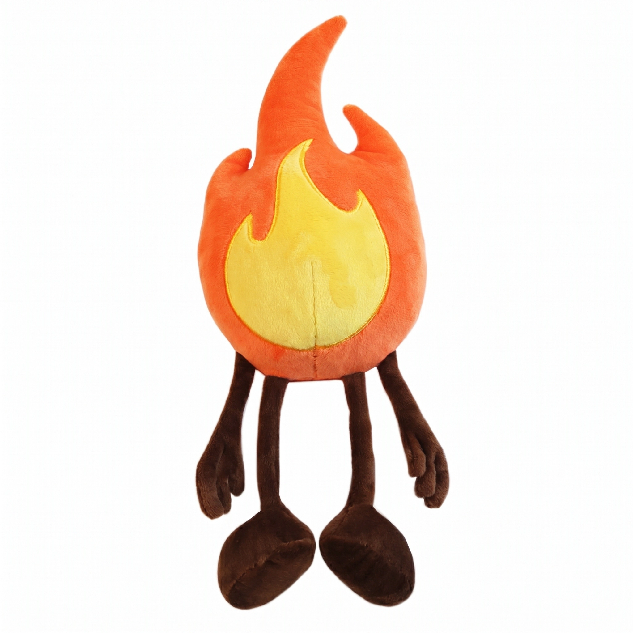 Rear view of the Plush Elements Fire Spirit toy showing the orange flame body and the official white Corvink fabric tag.