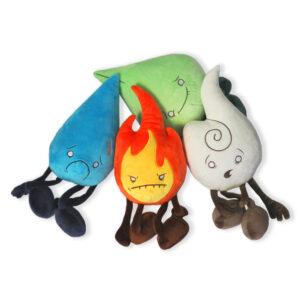 The complete set of four Plush Elements designer toys, including the fire, water, earth, and air spirits, arranged together.
