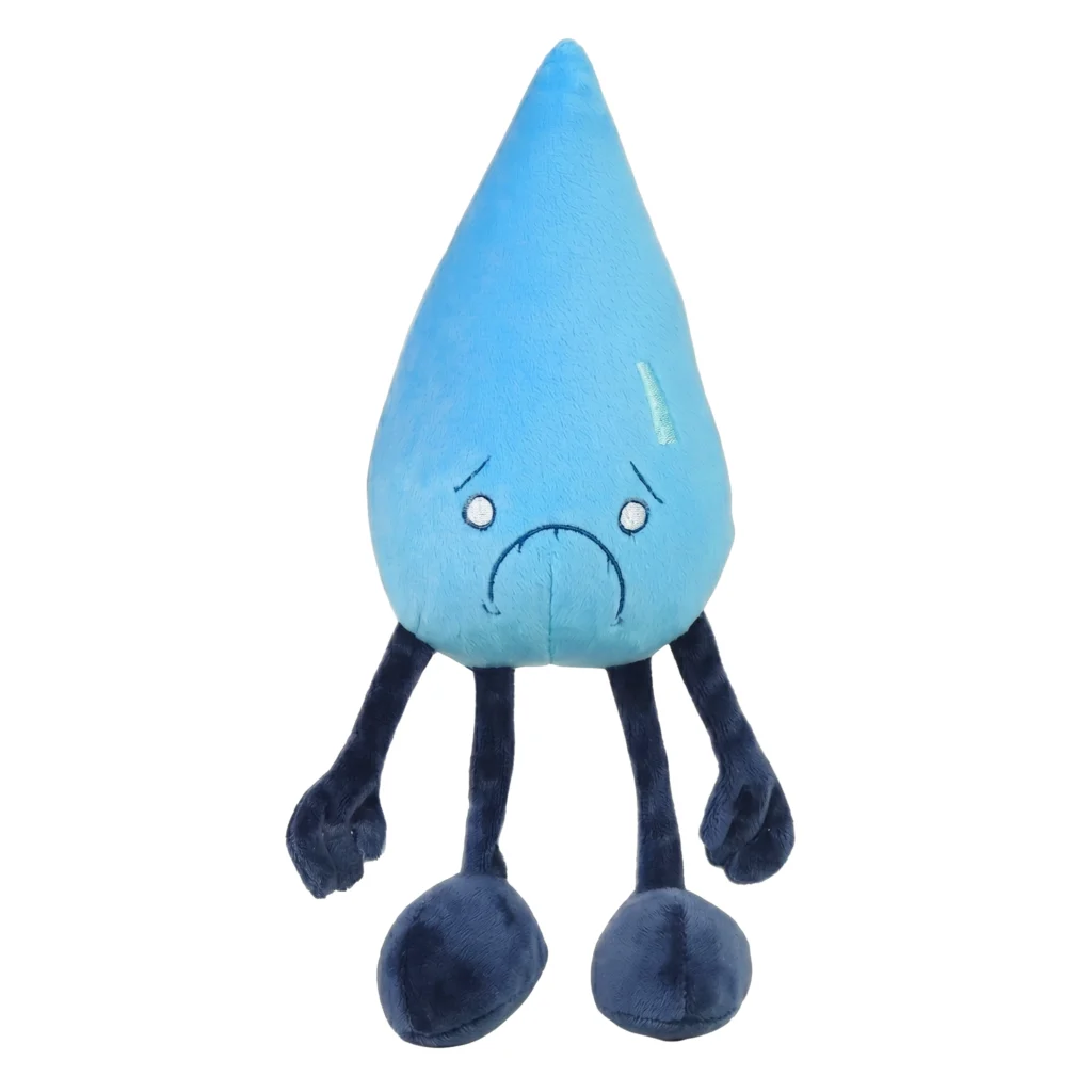 A sad-faced blue teardrop Water Spirit designer toy with long dark legs, created by Denis Caron for the Plush Elements collection.