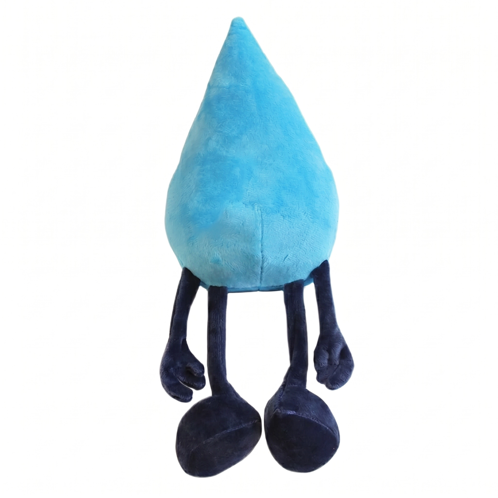 The rear view of a smooth blue teardrop plush character contouring up to a soft fabric point with dark blue limbs resting on a plain white surface.