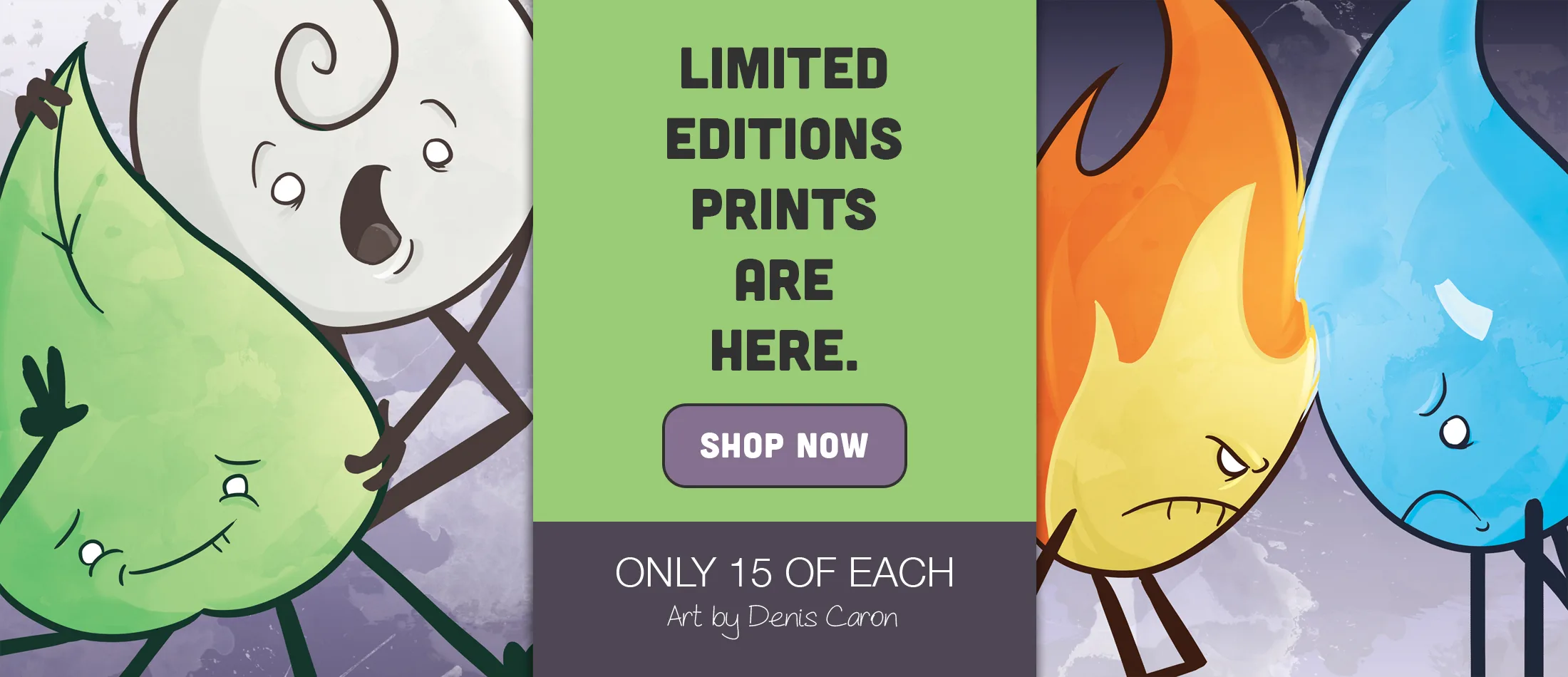 Limited Edition Plush Elements Prints | Art by Denis Caron Limited edition Plush Elements art prints by Denis Caron featuring Earth, Air, Fire, and Water characters. Strictly limited to 15 of each design at Raven Stitch.