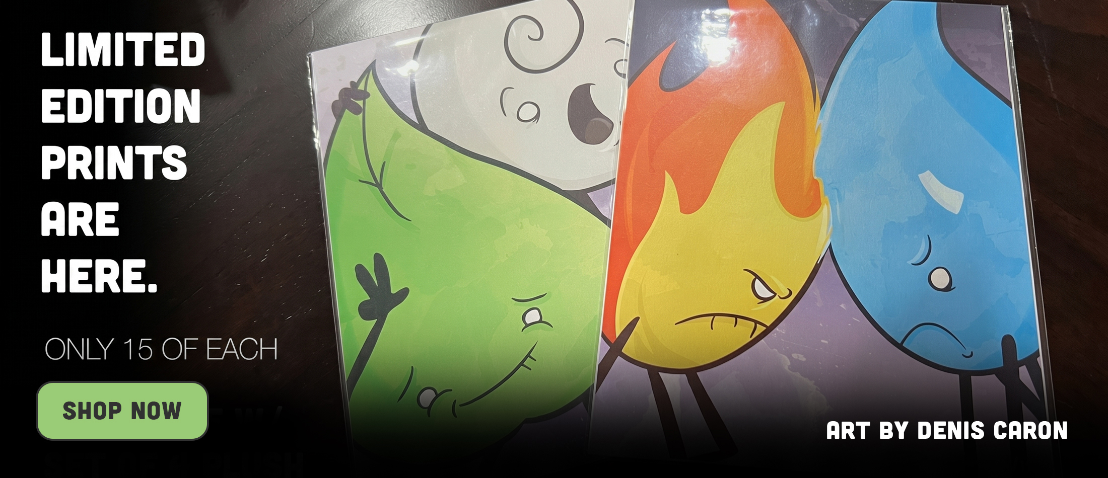 Limited edition Plush Elements art prints by Denis Caron featuring Earth, Air, Fire, and Water characters—only 15 of each available at Raven Stitch.