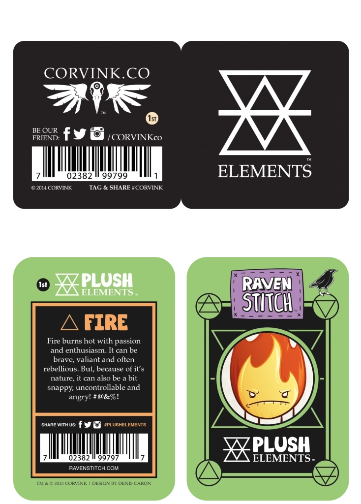 A comparison layout showing the original black and white Corvink hang tags at the top and the new colorful, character-driven Raven Stitch hang tags for the Fire Element plush at the bottom.