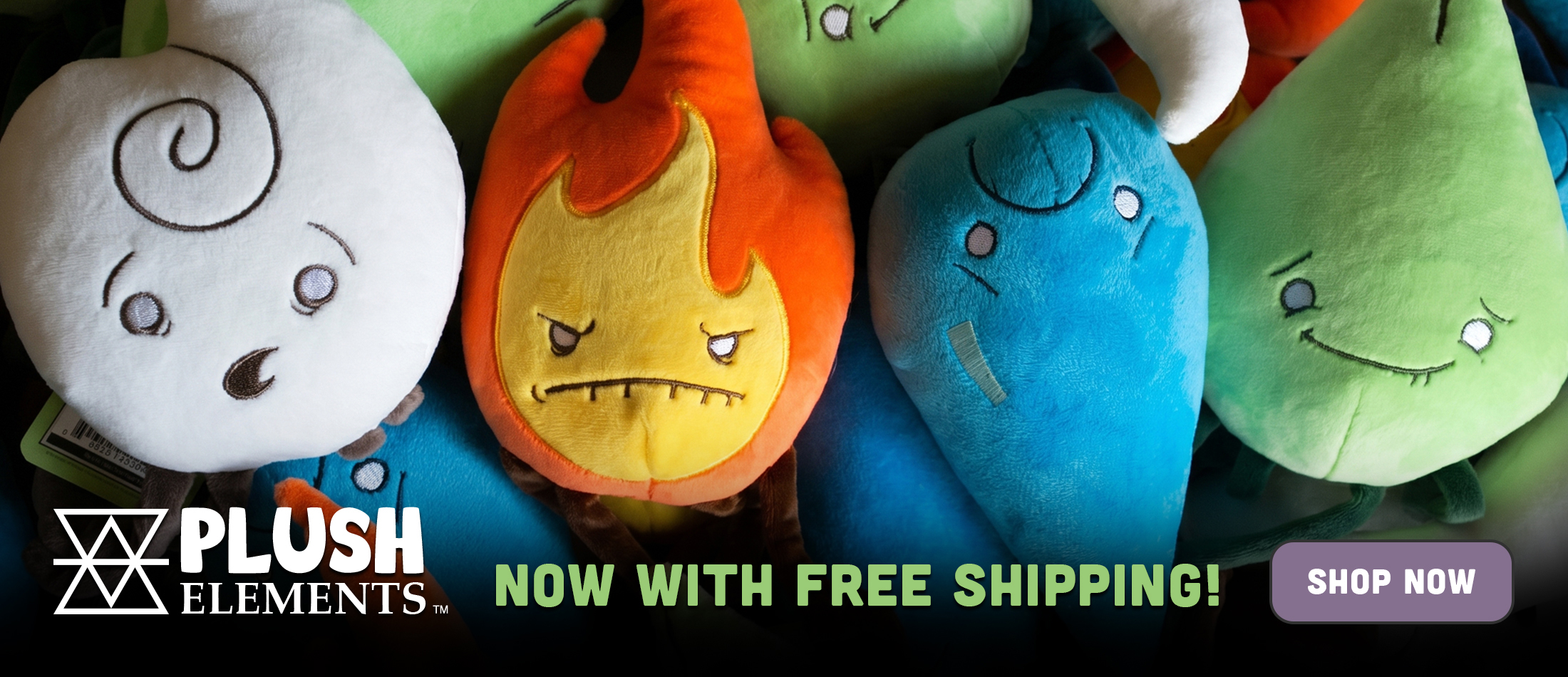 The complete Plush Elements designer toy collection featuring Fire, Water, Earth, and Air spirits—available now with Free US Shipping.