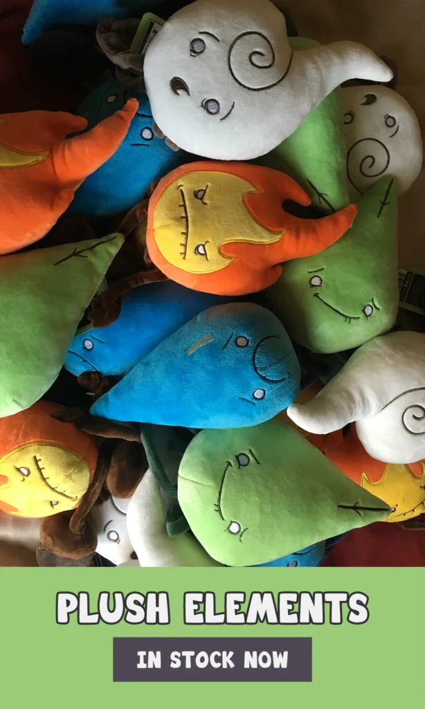 A vertical retail web banner displaying a pile of elemental plushies above a green text block reading Plush Elements In Stock Now.
